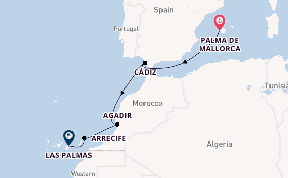 Canarische Eilanden vanaf Palma de Mallorca, Mallorca, Spanje met de Mein Schiff 7