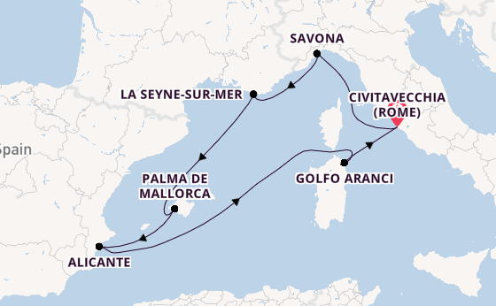 Westelijke Middellandse Zee vanaf Civitavecchia (Rome), Italië met de Costa Pacifica