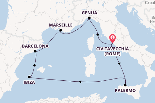 Westelijke Middellandse Zee vanaf Civitavecchia (Rome), Italië met de MSC Seaview