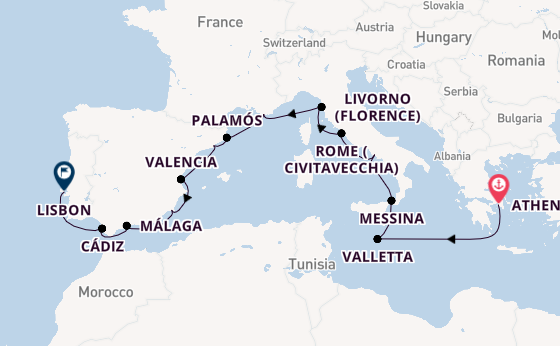 Western Mediterranean from Athens (Piraeus), Greece with the Aurelia