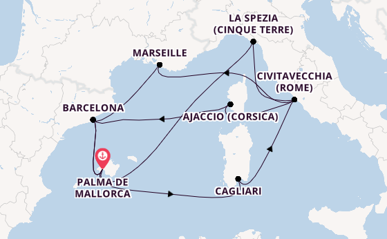 Westelijke Middellandse Zee vanaf Palma de Mallorca, Mallorca, Spanje met AIDAcosma