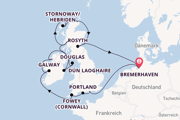 Britische Inseln ab Bremerhaven, Deutschland auf der Amadea