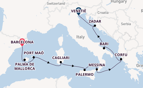 Westelijke Middellandse Zee vanaf Barcelona, Spanje met de Sirena