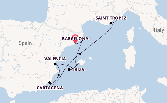 Westelijke Middellandse Zee vanaf Barcelona, Spanje met de Silver Ray