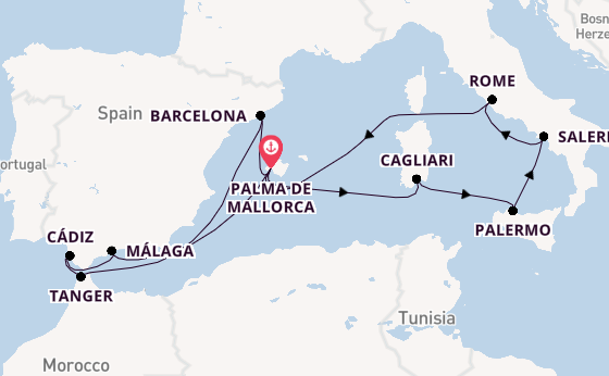 Westelijke Middellandse Zee vanaf Palma de Mallorca, Mallorca, Spanje met de Mein Schiff 7