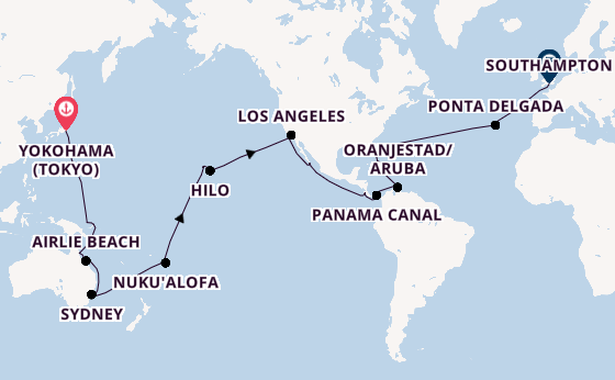 Round-the-World Trip from Yokohama (Tokyo), Japan with the Queen Elizabeth