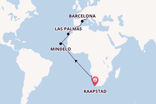 Westelijke Middellandse Zee vanaf Kaapstad, Zuid-Afrika met de Costa Deliziosa