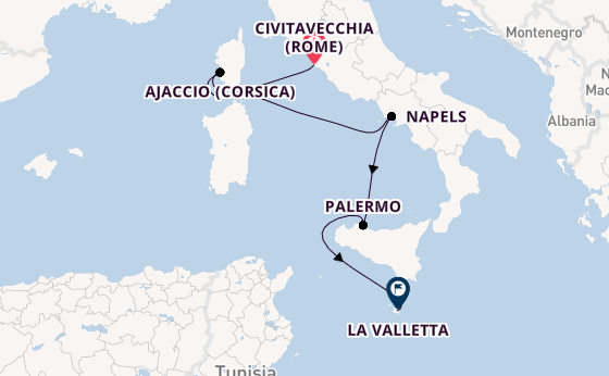 Westelijke Middellandse Zee vanaf Civitavecchia (Rome), Italië met AIDAblu