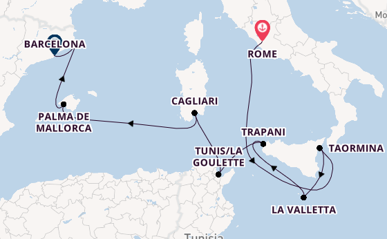 Westelijke Middellandse Zee vanaf Rome, Italië met de Silver Muse