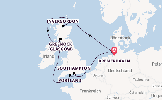 Vereinigtes Königreich ab Bremerhaven, Deutschland auf der Mein Schiff 3