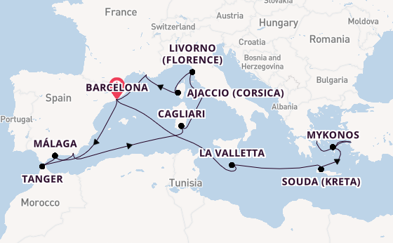 Middellandse Zee vanaf Barcelona, Spanje met de Oosterdam