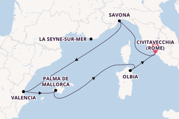 Westelijke Middellandse Zee vanaf Civitavecchia (Rome), Italië met de Costa Pacifica