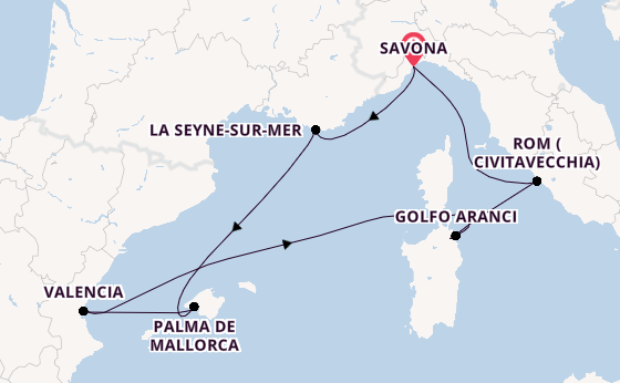 Westliches Mittelmeer ab Savona, Italien auf der Costa Pacifica