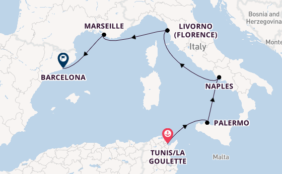 Western Mediterranean from Tunis/La Goulette, Tunisia with the MSC Meraviglia