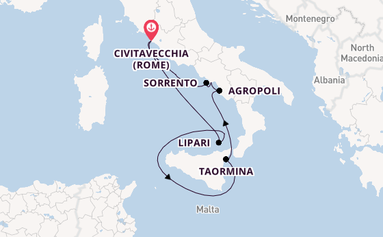 Westelijke Middellandse Zee vanaf Civitavecchia (Rome), Italië met de Star Clipper