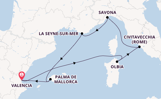 Westelijke Middellandse Zee vanaf Valencia, Spanje met de Costa Pacifica
