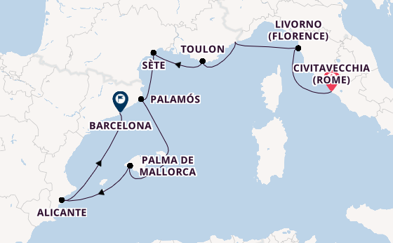 Westelijke Middellandse Zee vanaf Civitavecchia (Rome), Italië met de Seven Seas Voyager