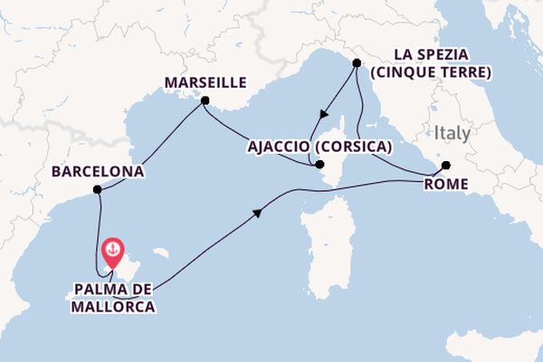 Westelijke Middellandse Zee vanaf Palma de Mallorca, Mallorca, Spanje met de Mein Schiff 1