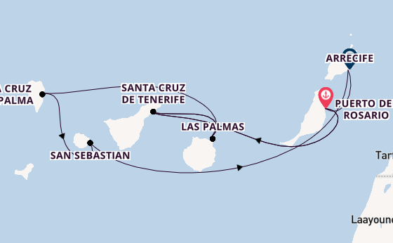Canarische Eilanden vanaf Puerto del Rosario, Fuerteventura, Spanje met AIDAstella