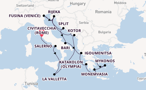 Middellandse Zee vanaf Civitavecchia (Rome), Italië met de Seven Seas Mariner