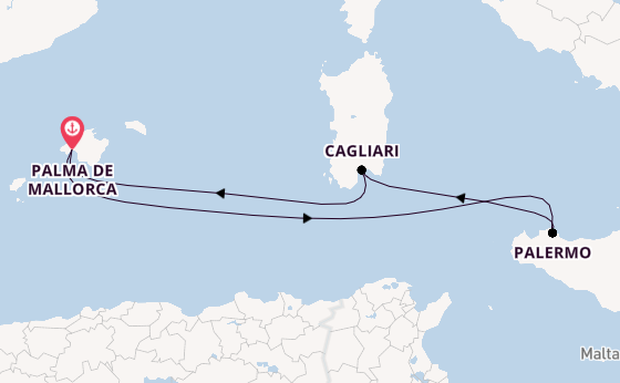 Westelijke Middellandse Zee vanaf Palma de Mallorca, Mallorca, Spanje met de Mein Schiff 2 