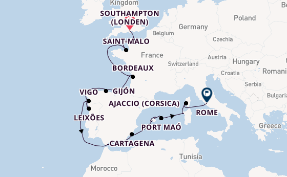 Westelijke Middellandse Zee vanaf Southampton (Londen), Engeland met de Silver Dawn