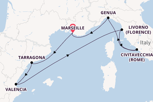 Westelijke Middellandse Zee vanaf Marseille, Frankrijk met de MSC Orchestra