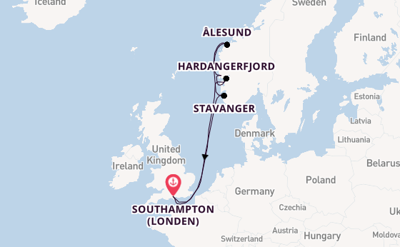 Noorwegen vanaf Southampton (Londen), Engeland met de Queen Anne