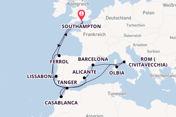 Westliches Mittelmeer ab Southampton, Großbritannien auf der Arcadia