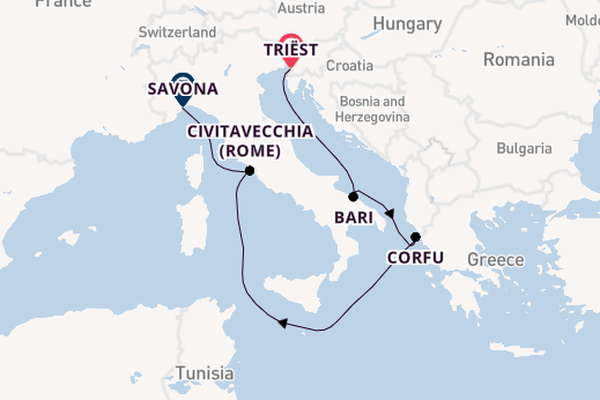 Westelijke Middellandse Zee vanaf Triëst, Italië met de Costa Deliziosa
