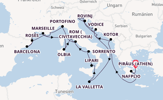 Mittelmeer ab Piräus (Athen), Griechenland auf der Seabourn Ovation