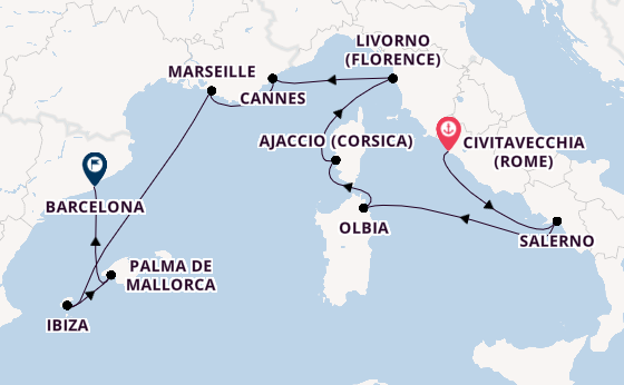 Westelijke Middellandse Zee vanaf Civitavecchia (Rome), Italië met de Sonata (Oceania)