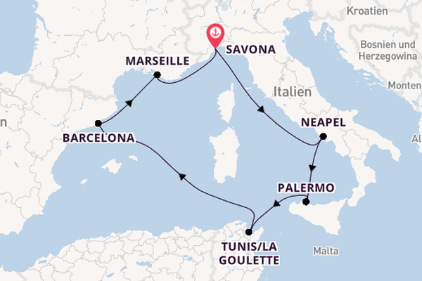 Westliches Mittelmeer ab Savona, Italien auf der Costa Pacifica