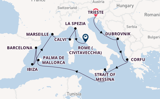 Western Mediterranean from Trieste, Italy with the Queen Elizabeth