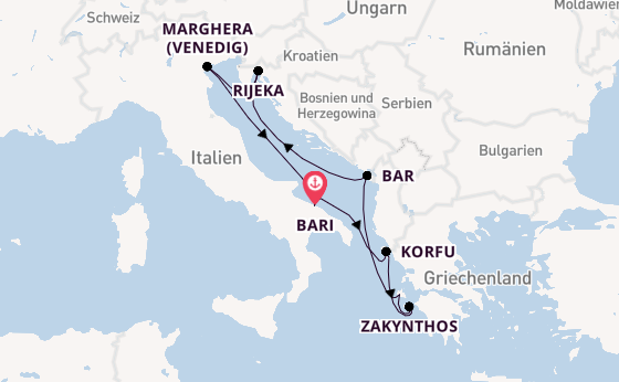 Mittelmeer ab Bari, Italien auf der Costa Deliziosa