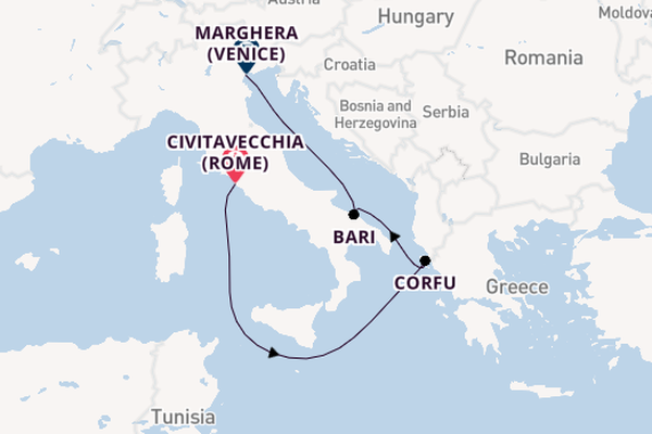 Westelijke Middellandse Zee vanaf Civitavecchia (Rome), Italië met de Costa Deliziosa