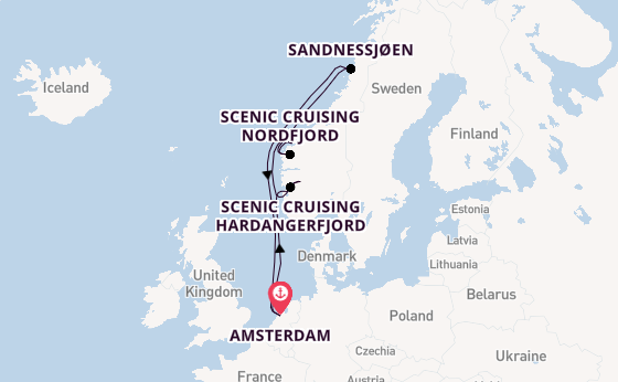 Noorwegen vanaf Amsterdam, Nederland met de Zuiderdam