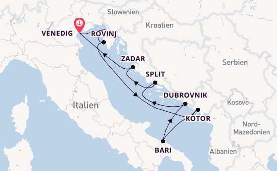 Mittelmeer ab Venedig, Italien auf der Silver Muse