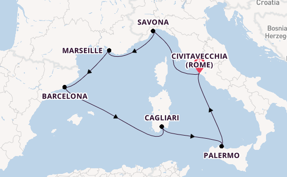 Westelijke Middellandse Zee vanaf Civitavecchia (Rome), Italië met de Costa Smeralda