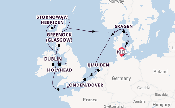 Britse Eilanden vanaf Kiel, Duitsland met AIDAbella