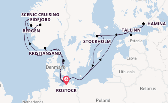 Noorwegen vanaf Rostock, Warnemünde, Duitsland met AIDAsol