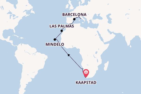 Westelijke Middellandse Zee vanaf Kaapstad, Zuid-Afrika met de Costa Deliziosa