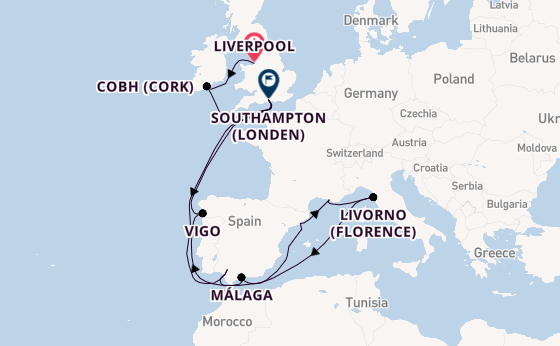 Westelijke Middellandse Zee vanaf Liverpool, Engeland met de Queen Mary 2