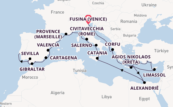 Middellandse Zee vanaf Fusina (Venice) met de Azamara Journey