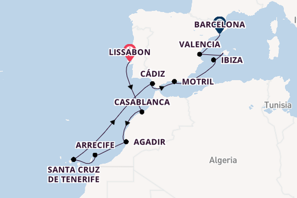 Westelijke Middellandse Zee vanaf Lissabon, Portugal met de Norwegian Sky