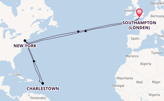 trans-Atlantisch vanaf Southampton (Londen), Engeland met de Queen Mary 2
