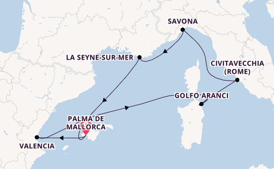 Westelijke Middellandse Zee vanaf Palma de Mallorca, Mallorca, Spanje met de Costa Pacifica
