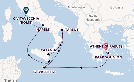 Westelijke Middellandse Zee vanaf Athene (Piraeus), Griekenland met de Costa Serena