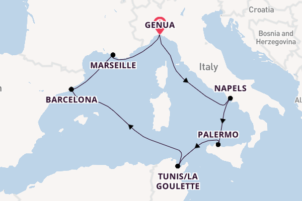 Westelijke Middellandse Zee vanaf Genua, Italië met de MSC Splendida