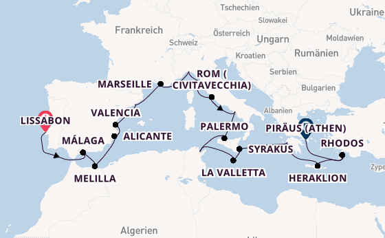 Mittelmeer ab Lissabon, Portugal auf der Allura 